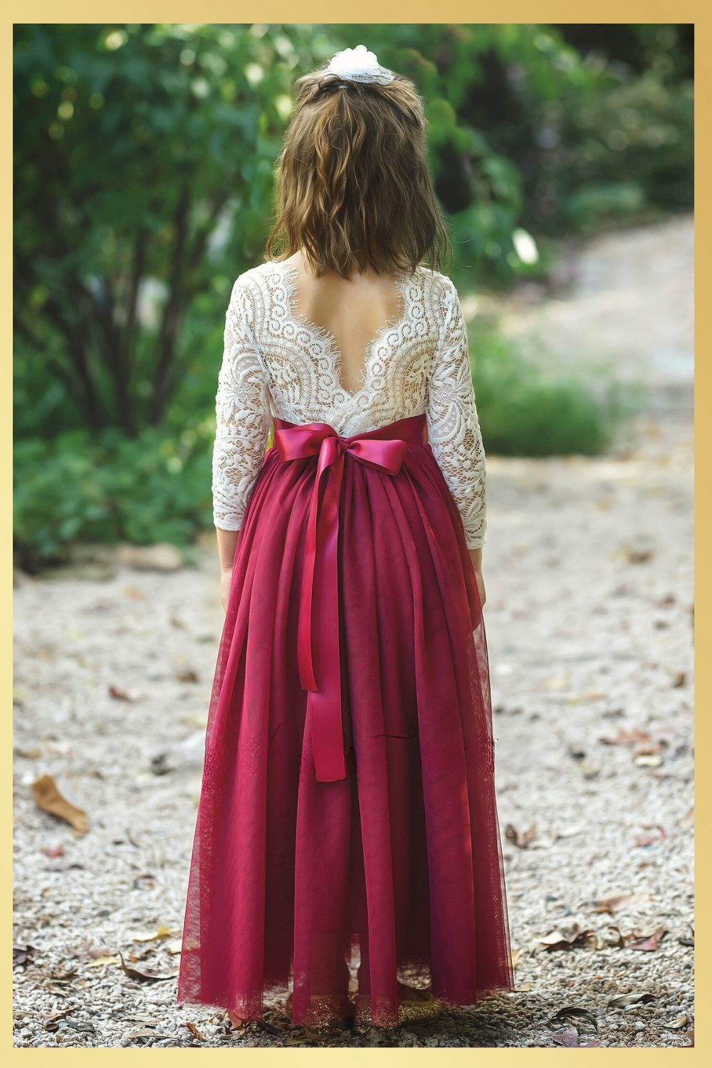 flower girl dress in burgundy tulle and white lace.