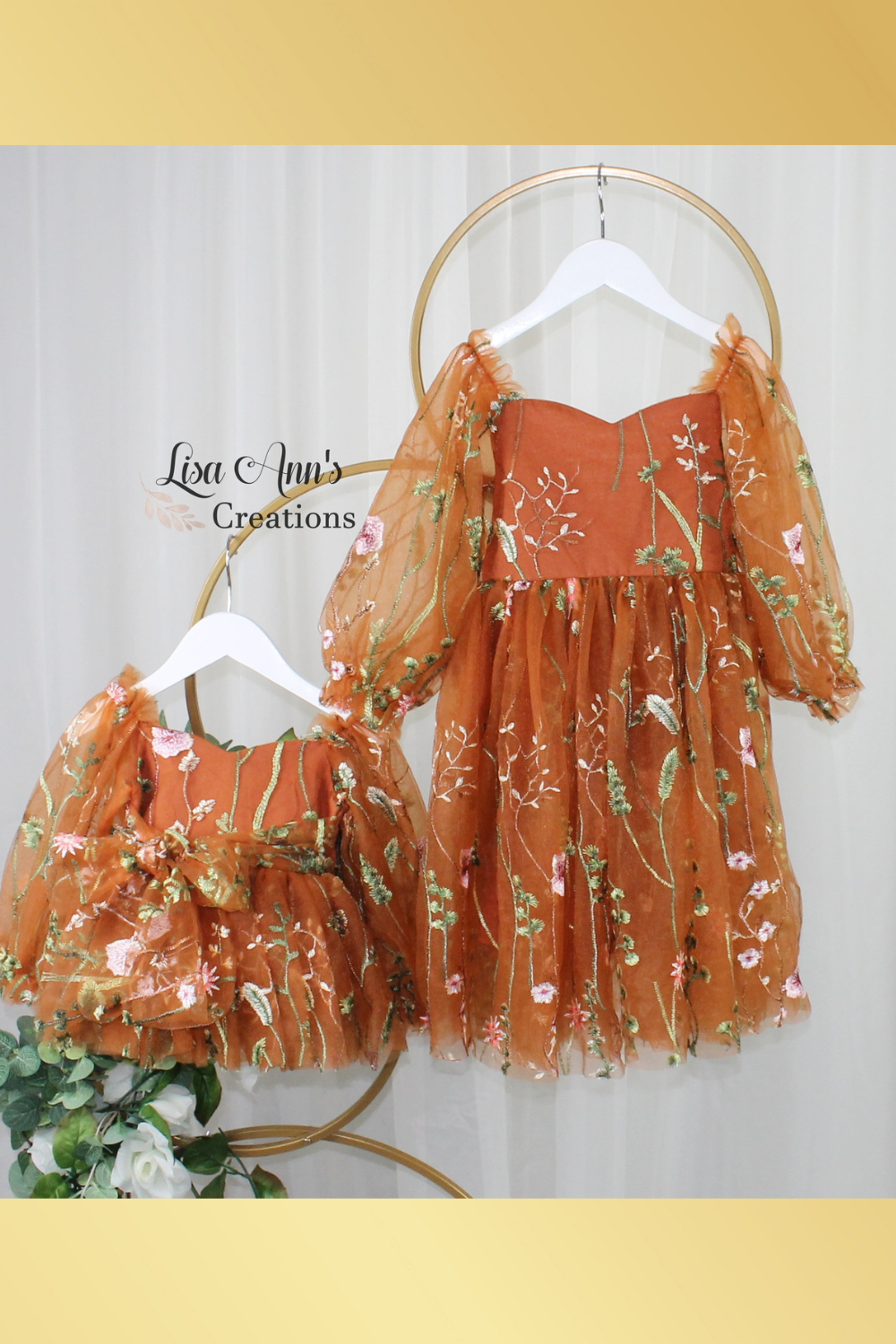 Matching Sister dresses Fall Floral dress in burnt orange floral embroidery with long tulle sleeves and knee length style.