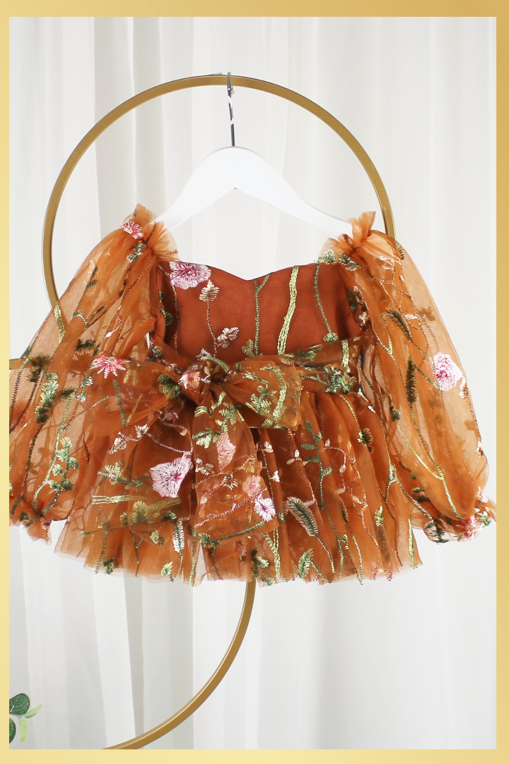 Fall Floral baby girl dress in burnt orange floral embroidery with long tulle sleeves and knee length style.
