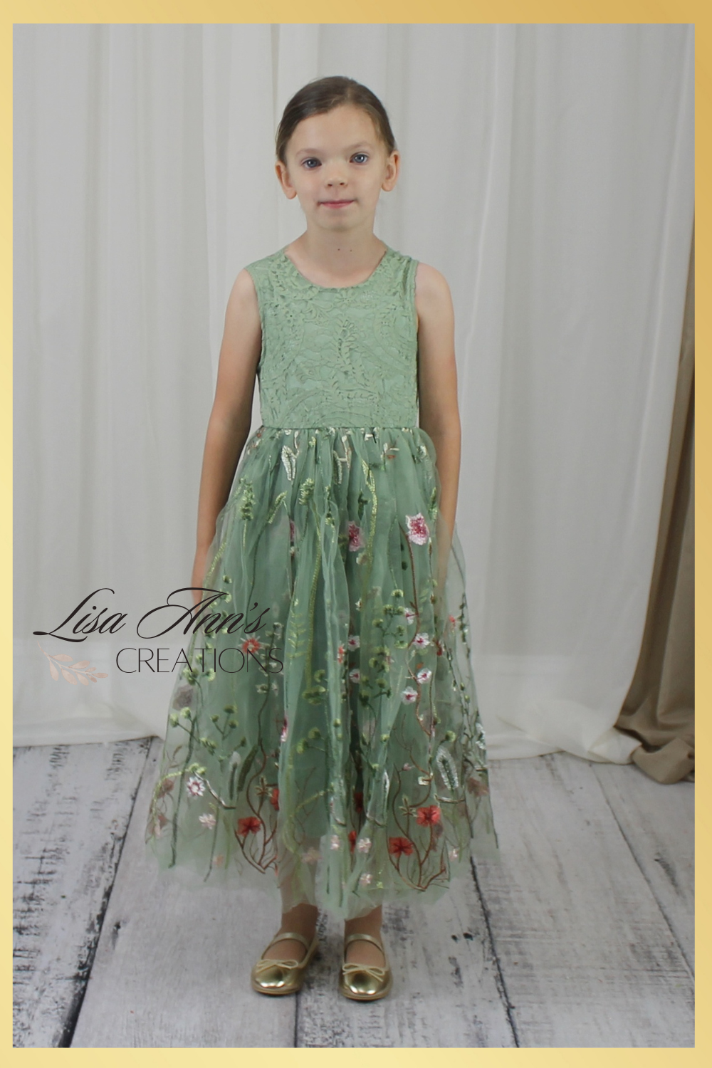 flower girl dress in sage green floral sleeveless lace style and full length skirt in tulle