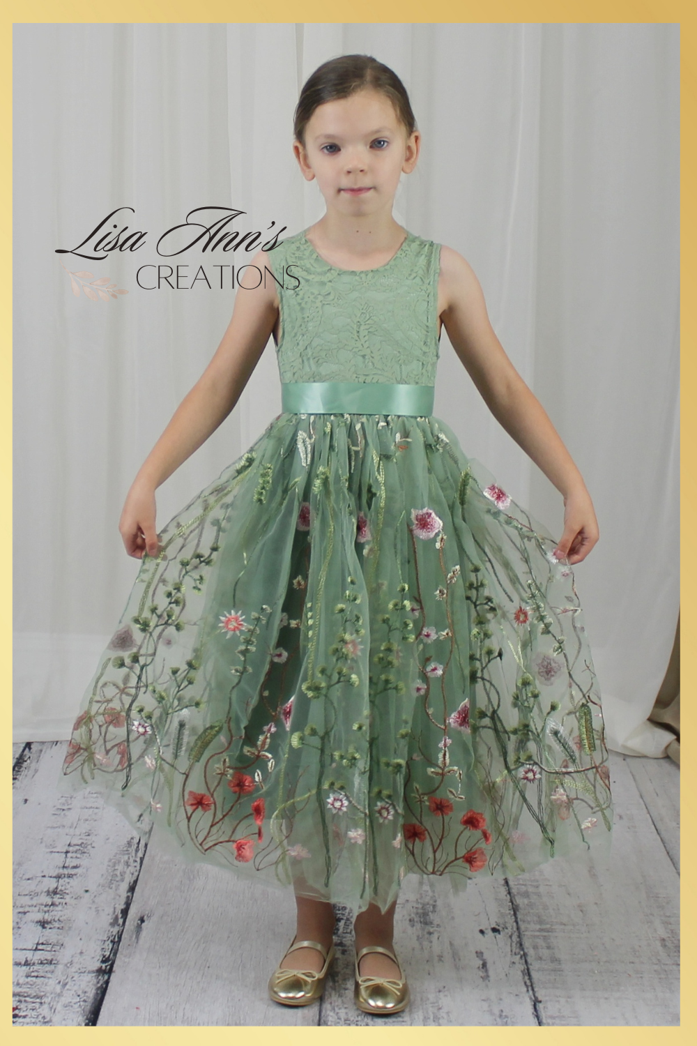 Sage floral flower girl dress in sleeveless lace style and full length skirt in tulle