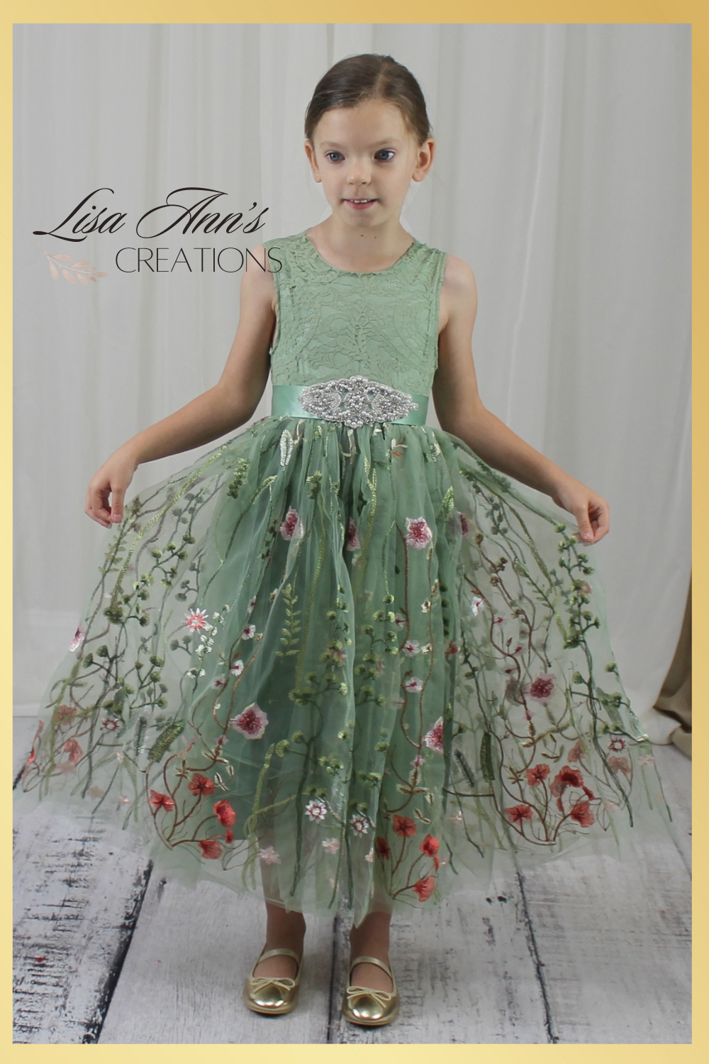 Sage floral flower girl dress in sleeveless lace style and full length skirt in tulle