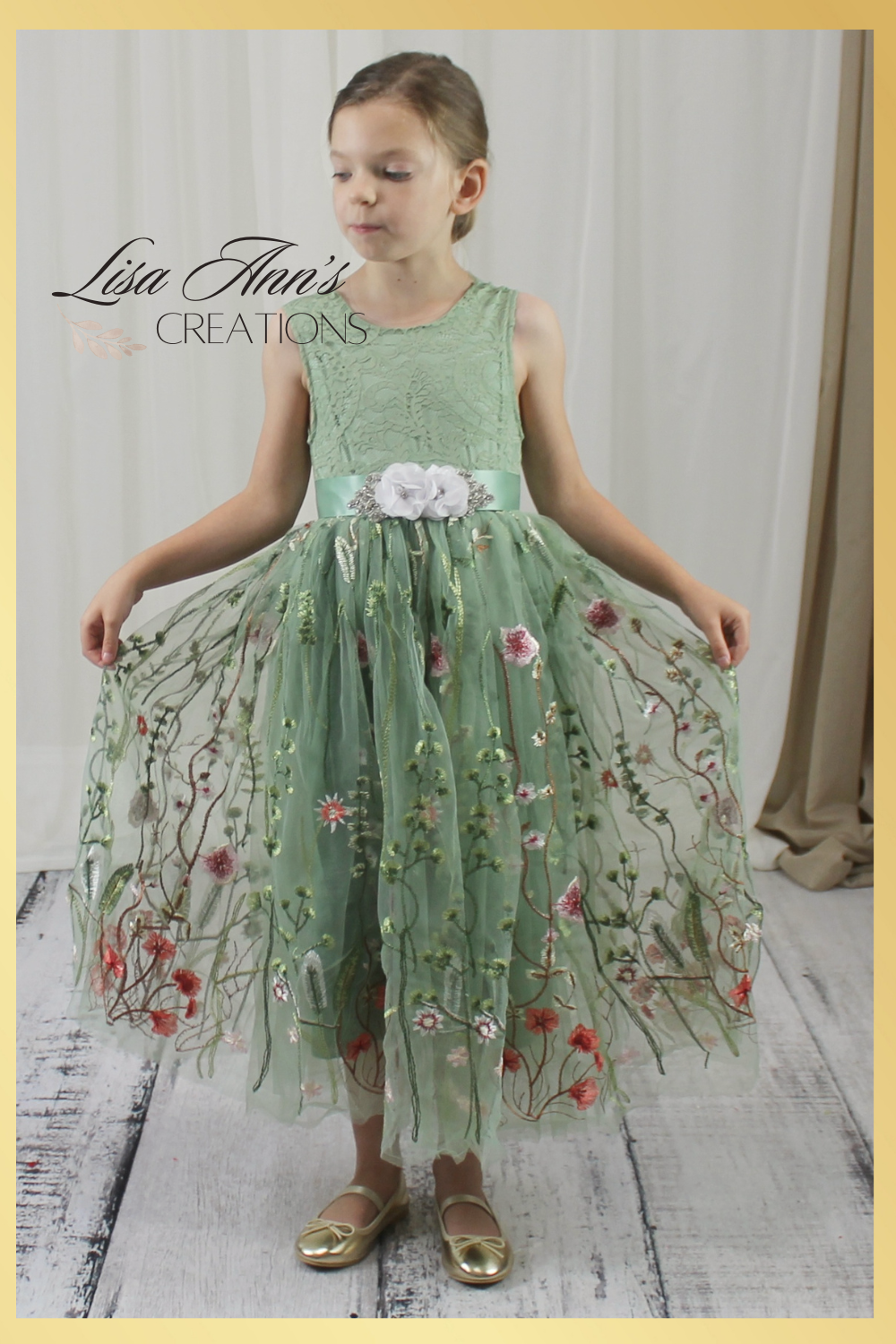Sage floral flower girl dress in sleeveless lace style and full length skirt in tulle