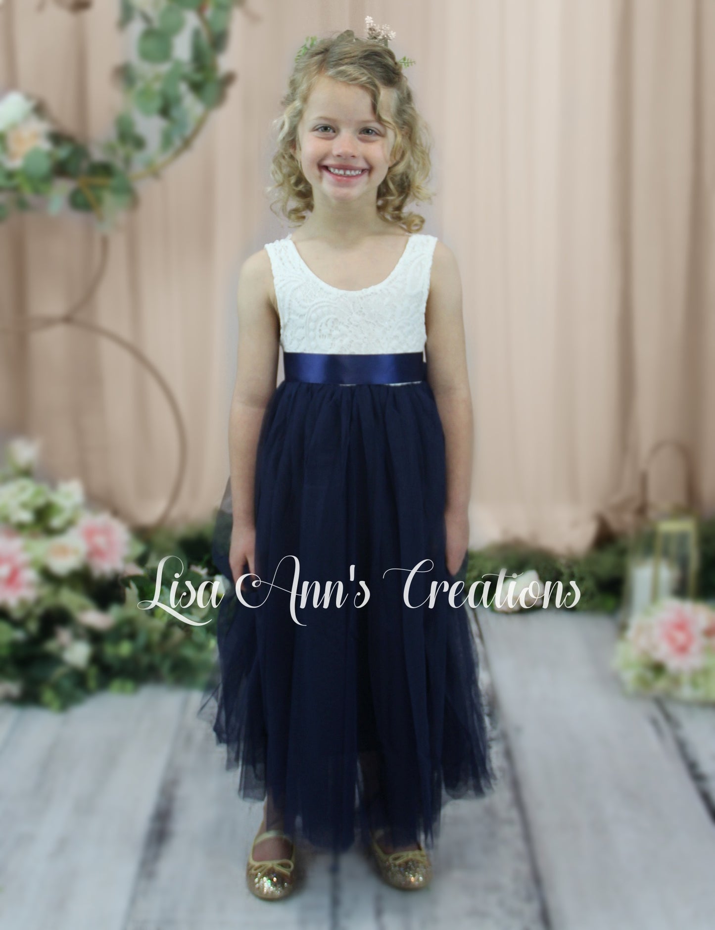 boho flower girl dress navy tulle full length white sleeveless lace