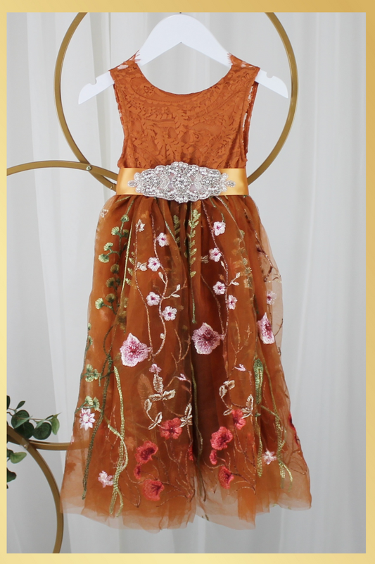 Burnt orange floral embroidery girls' dress. Sleeveless lace sleeves with a floral full length style. perfect for flower girls and special occasions. sizes for babies, toddlers and preteens. 