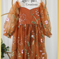 Burnt Orange Floral girls dress long tulle sleeves and knee length style. 