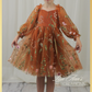 Fall Floral girl dress in burnt orange floral embroidery with long tulle sleeves and knee length style. 