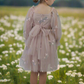 back of dress with a tulle bow sash. Champagne flower girl dress with long sleeve tulle sleeves. made with a tulip embroidery flower and swiss dot pattern. 