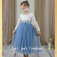 junior bridesmaid dress in dusty blue tulle with white long sleeve lace bodice for winter wedding