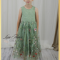 flower girl dress in sage green floral sleeveless lace style and full length skirt in tulle