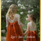 Junior Bridesmaid dress in burnt orange tulle and white lace